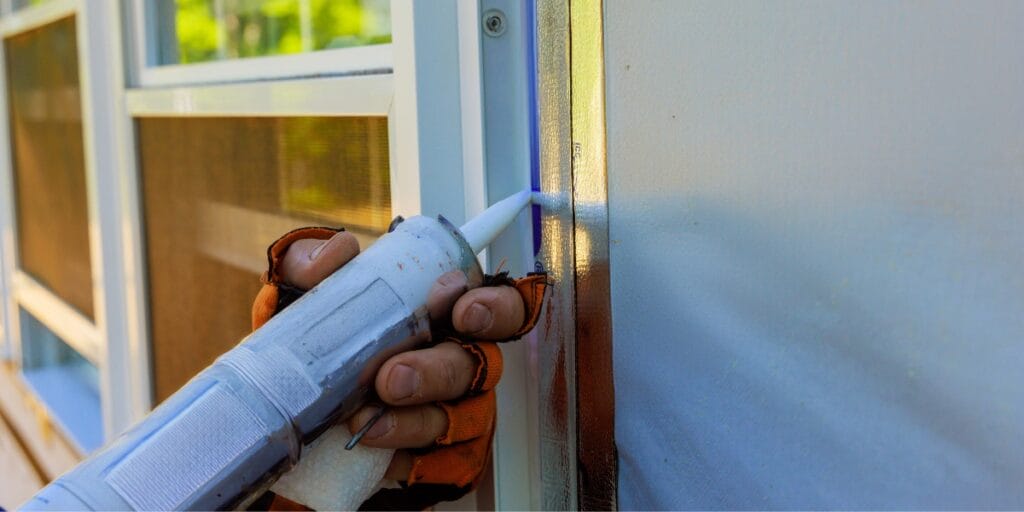 Close-up of hands using a caulking gun to seal gaps along an exterior window frame to prevent spring pests.