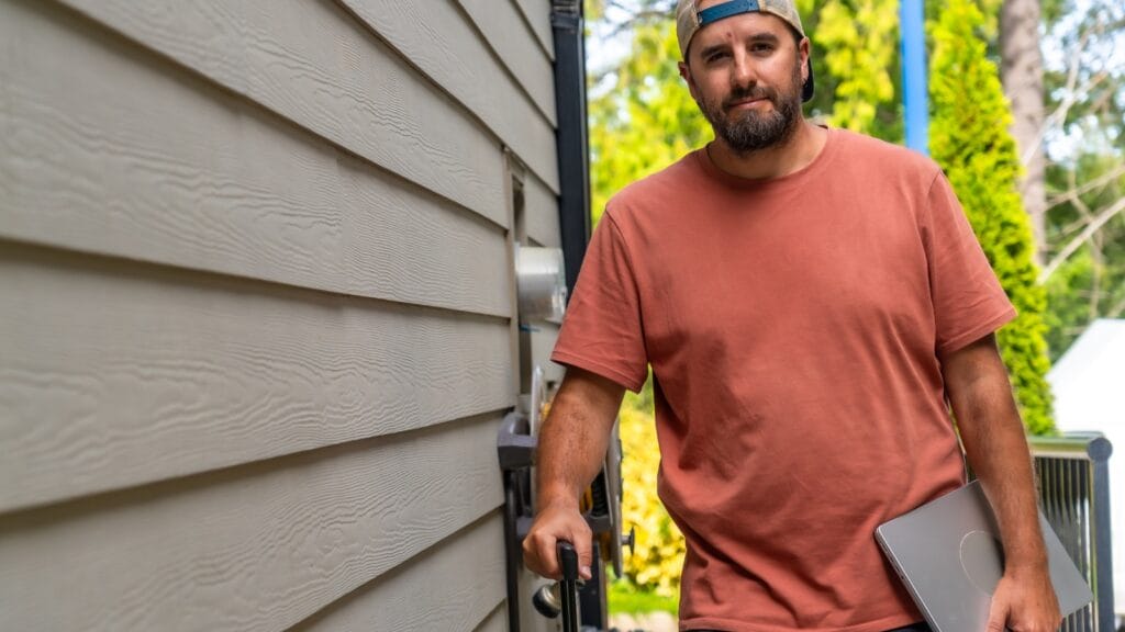 A pest control technician holding a laptop stands next to the exterior siding of a residential home to conduct a spring assessment.