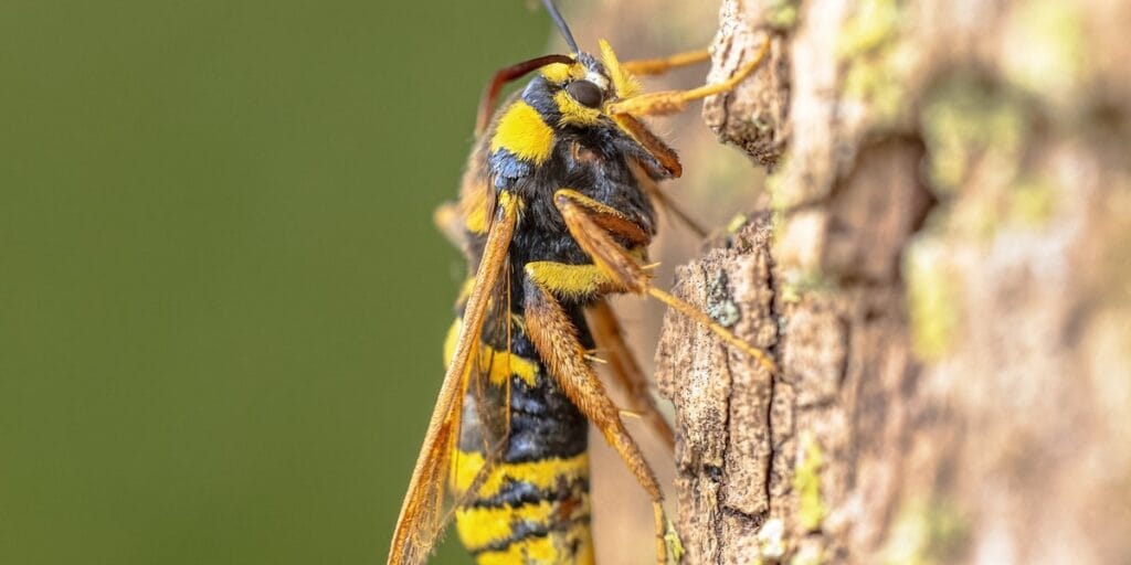 A black and yellow wasp with fuzzy orange legs clings to a lichen covered tree trunk in bright sunlight.