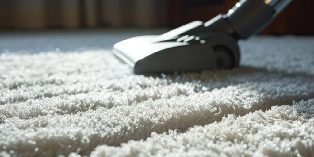 A vacuum cleaner head moving across a thick white shag carpet
