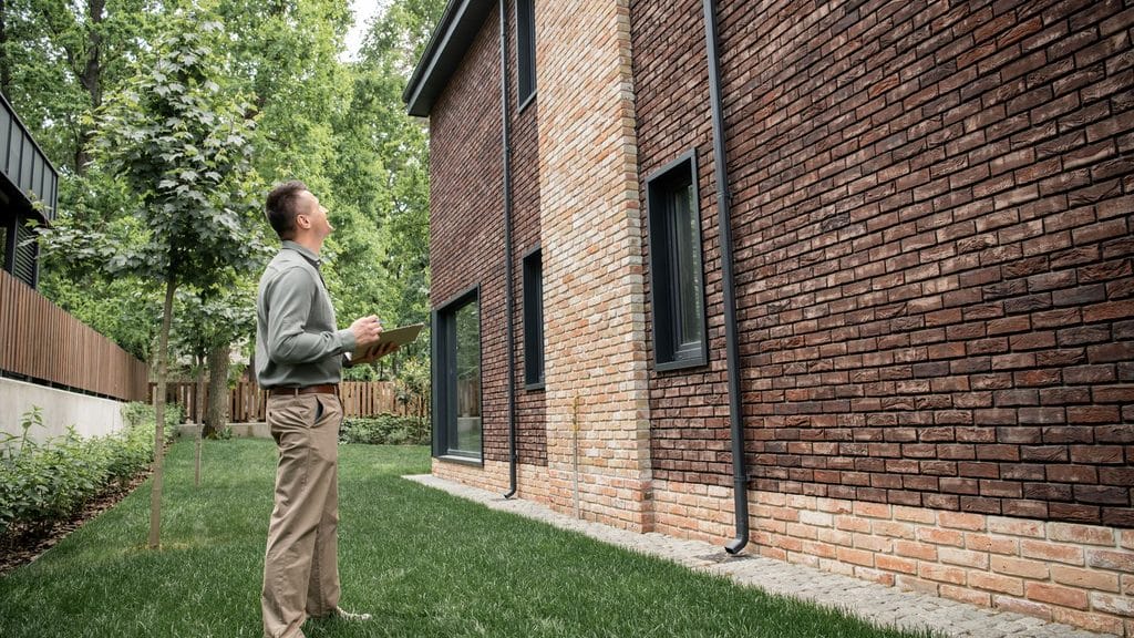 A pest control technician stands in a backyard holding a clipboard, looking up at the brick exterior of a two story home surrounded by trees and grass.