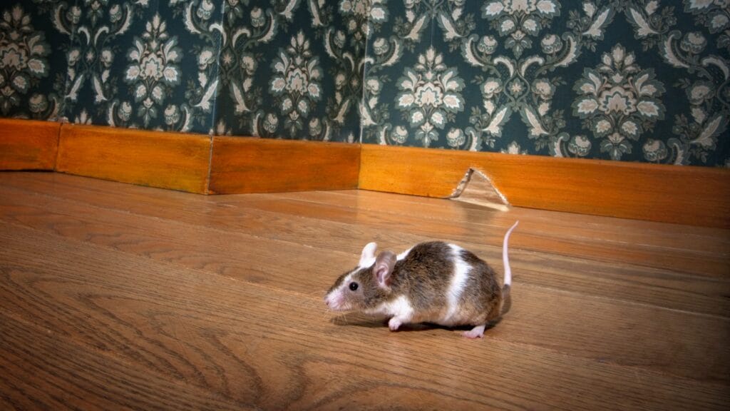 A small brown and white mouse stands on a wooden floor beside a baseboard with a gnawed triangular hole, in front of green patterned wallpaper.