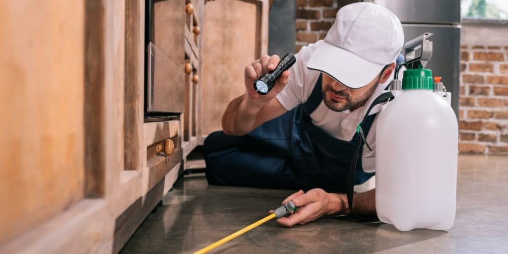 A technician in a white cap and navy overalls lies on a kitchen floor, shining a flashlight at the base of a wooden cabinet beside a white sprayer.