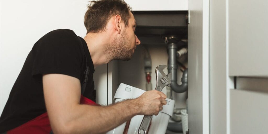 A man in a black shirt leans into an open kitchen cabinet to look at the pipes under the sink while holding an adjustable wrench.